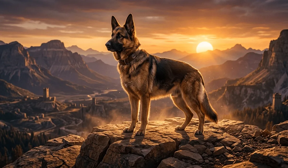 The Chinese Zodiac Dog: Spiritual Meaning, Traits, and the Guardian Buddha Amitabha 2 - Buddha Bodhis A noble Chinese Zodiac Dog standing on a mountain peak at sunset, symbolizing the Yang Earth element and protective personality traits.