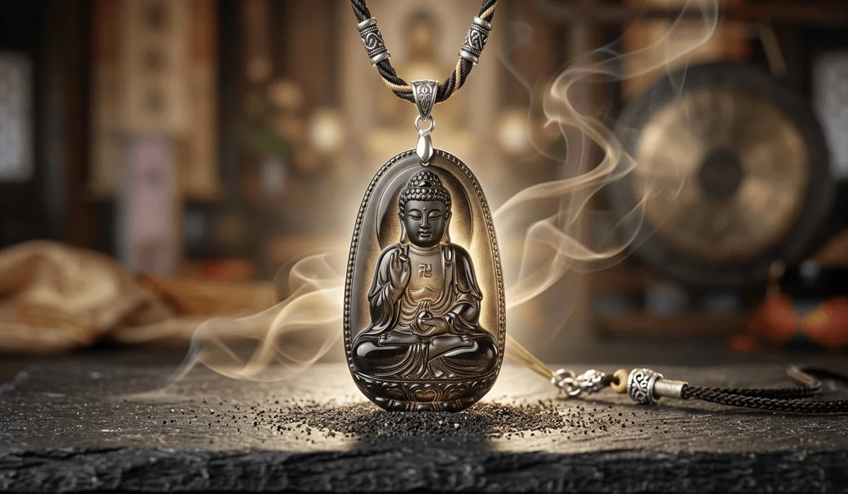 The Chinese Zodiac Dog: Spiritual Meaning, Traits, and the Guardian Buddha Amitabha 3 - Buddha Bodhis Black obsidian Amitabha Buddha pendant, the Guardian Buddha for the Zodiac Dog, symbolizing infinite light and spiritual protection.