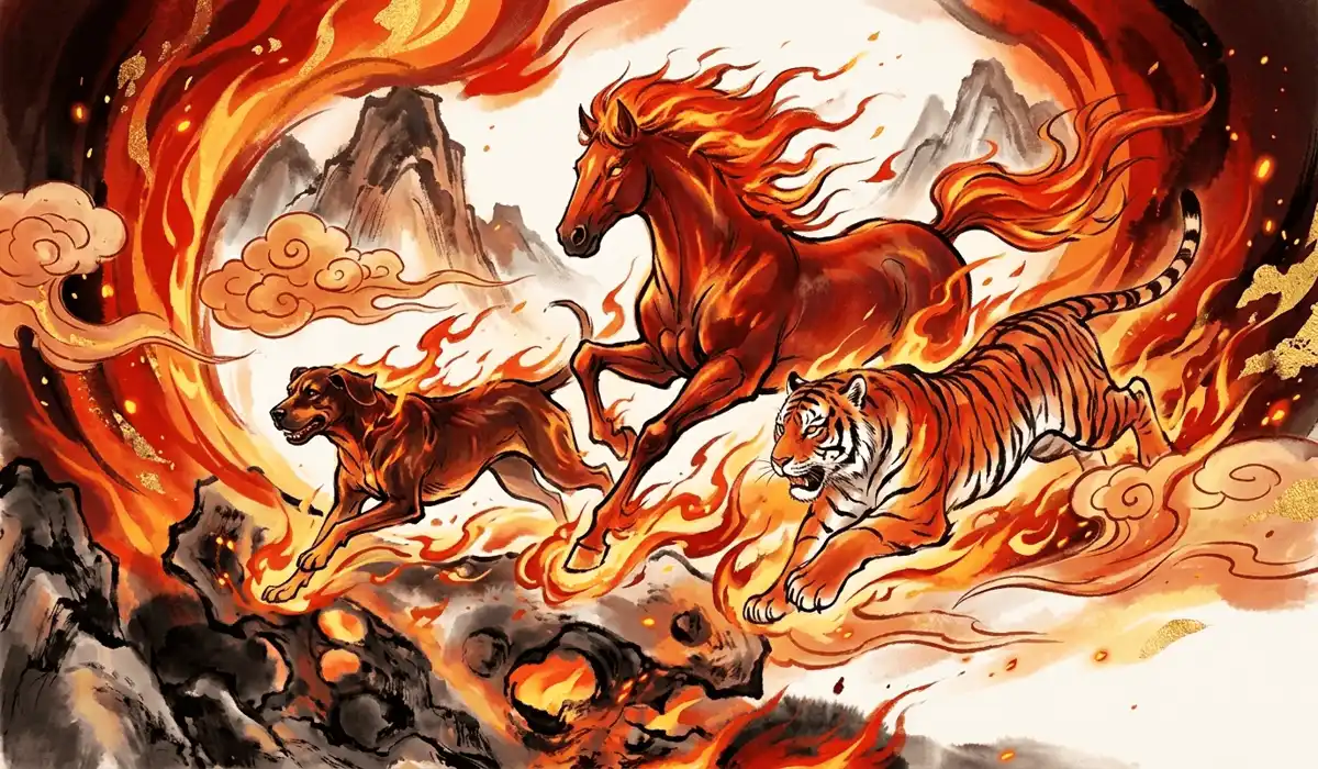 The Chinese Zodiac Dog: Spiritual Meaning, Traits, and the Guardian Buddha Amitabha 4 - Buddha Bodhis Artistic depiction of the Zodiac Dog, Tiger, and Horse in harmony, representing the 2026 Fire Horse year and career success.
