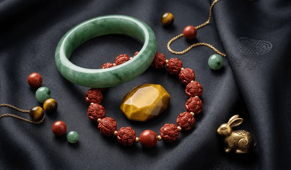 The Chinese Zodiac Dog: Spiritual Meaning, Traits, and the Guardian Buddha Amitabha 6 - Buddha Bodhis Feng Shui lucky stones and jewelry for the Zodiac Dog, featuring green jade, red cinnabar, and tiger's eye for wealth and protection.