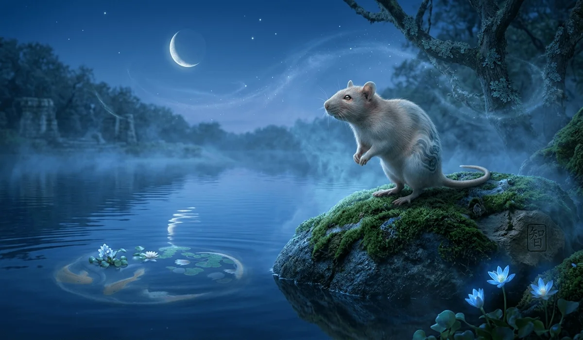 The Guardian Buddha for the Year of the Rat: Avalokitesvara (Kwan Yin) 1 - Buddha Bodhis Artistic depiction of the Zodiac Rat sign emphasizing its Yin Water element and resourceful personality traits in a serene moonlit landscape.