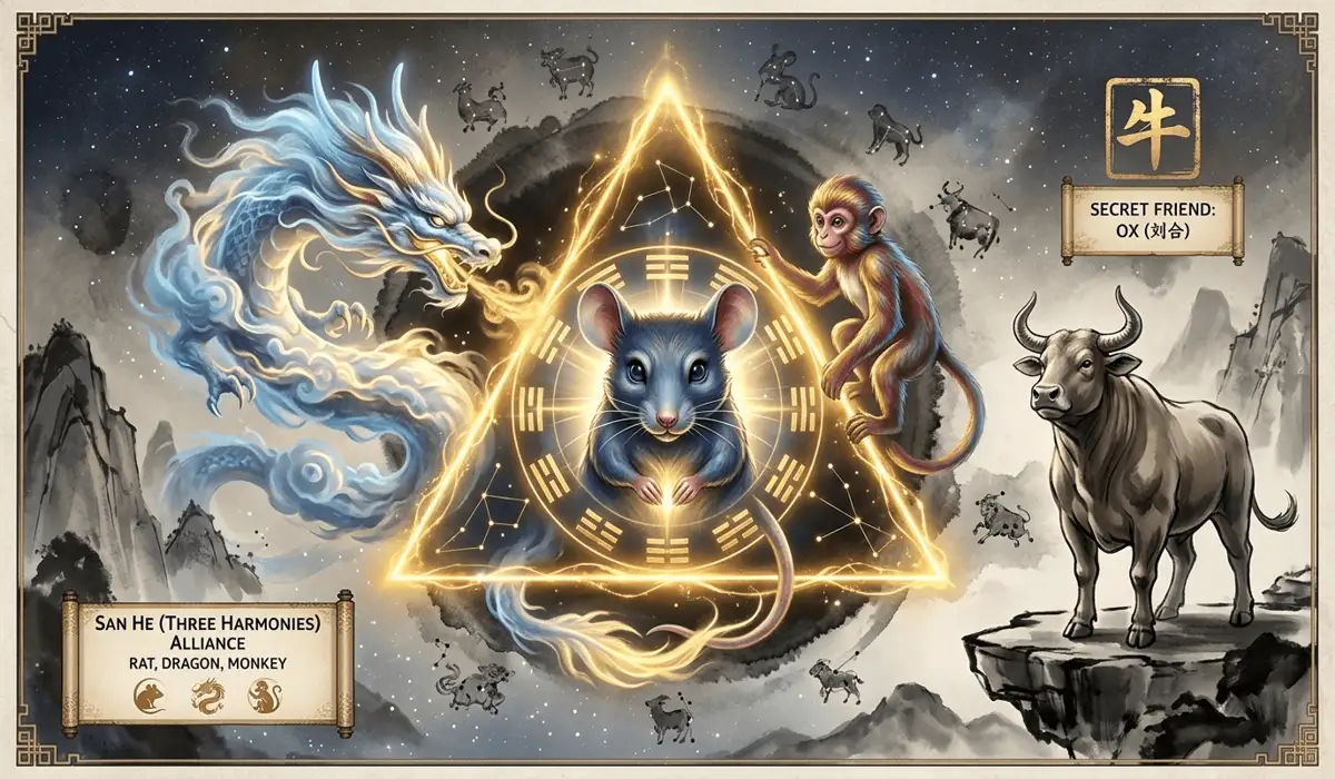 The Guardian Buddha for the Year of the Rat: Avalokitesvara (Kwan Yin) 4 - Buddha Bodhis Zodiac compatibility diagram showing the Rat's relationship with the Monkey, Dragon, and Ox for career and emotional harmony.