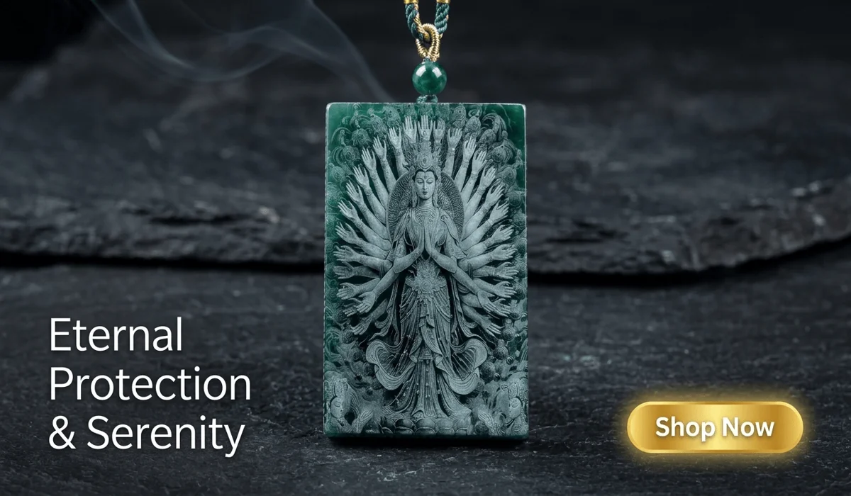 The Guardian Buddha for the Year of the Rat: Avalokitesvara (Kwan Yin) 6 - Buddha Bodhis High-end Natural Blue Aura Jadeite Thousand-Hand Kwan Yin Pendant featuring intricate carvings for eternal protection and spiritual serenity.