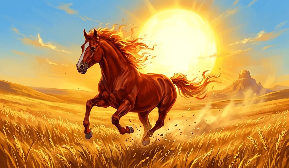 The Horse Chinese Zodiac: Spiritual Meaning, Personality, and the Guardian Buddha Mahasthamaprapta - Buddha Bodhis A majestic horse galloping under a midsummer sun symbolizing the core personality and Fire element of the Horse Chinese Zodiac.