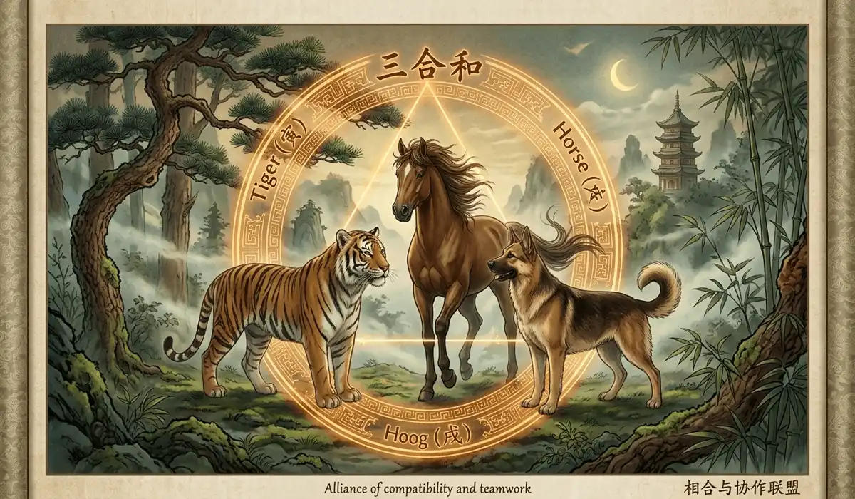 The Horse Chinese Zodiac: Spiritual Meaning, Personality, and the Guardian Buddha Mahasthamaprapta 2 - Buddha Bodhis Visual representation of Chinese Zodiac compatibility showing the Horse with its allies, the Tiger and the Dog.