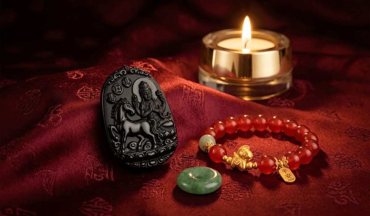 The Horse Chinese Zodiac: Spiritual Meaning, Personality, and the Guardian Buddha Mahasthamaprapta 4 - Buddha Bodhis Obsidian and red agate jewelry as Feng Shui remedies for the Horse zodiac to navigate the 2026 Fire Horse year.