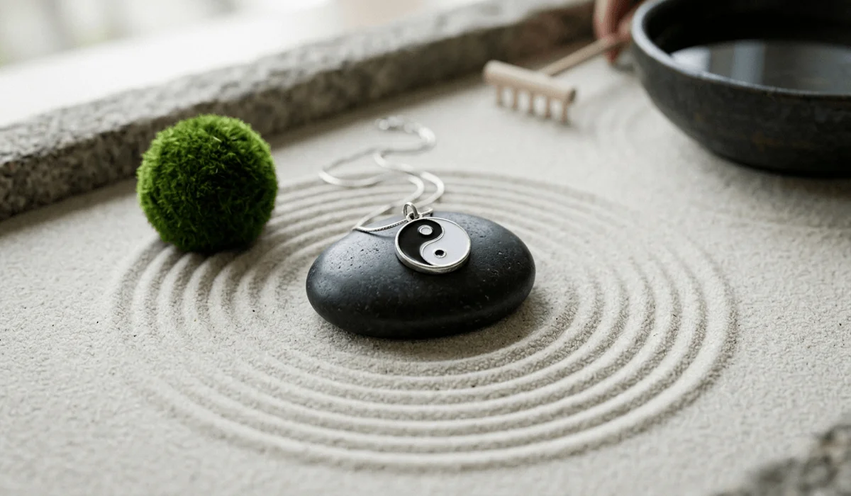 Understanding the Relationship Between Zen and Buddhism - Buddha Bodhis A minimalist Zen and Yin Yang silver pendant resting on volcanic stone and raked sand, symbolizing tranquility and spiritual jewelry.
