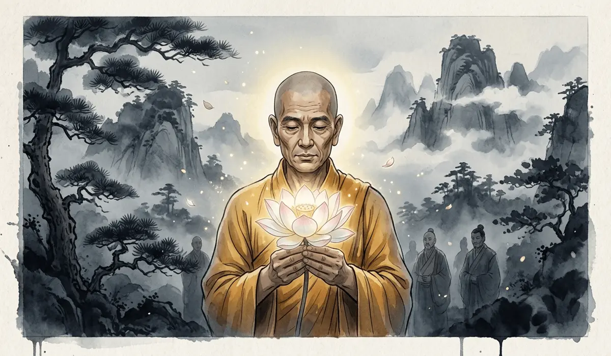 Understanding the Relationship Between Zen and Buddhism 1 - Buddha Bodhis Digital art depicting the Buddha's Flower Sermon with a white lotus, representing the ancient origins of Zen Buddhism.