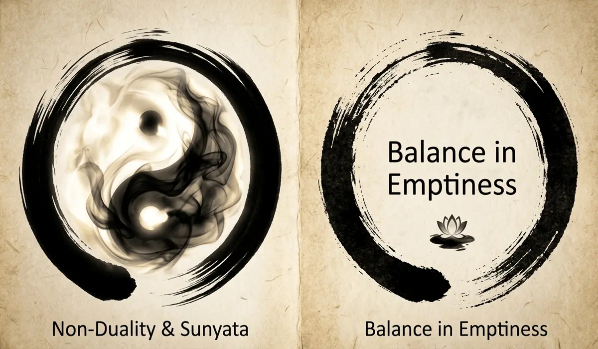 Understanding the Relationship Between Zen and Buddhism 2 - Buddha Bodhis Abstract Zen Enso circle and Yin Yang symbol on rice paper, illustrating the philosophy of non-duality and emptiness.