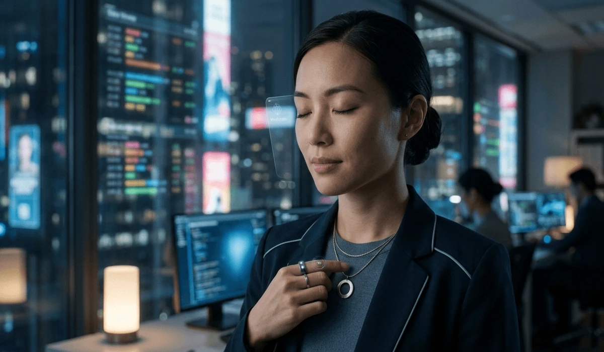 Understanding the Relationship Between Zen and Buddhism 3 - Buddha Bodhis A woman using a Zen jewelry pendant as a mindfulness anchor to find mental clarity amidst digital burnout and a busy urban environment.