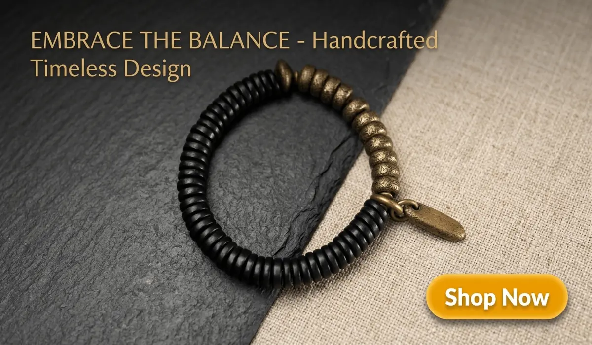 Understanding the Relationship Between Zen and Buddhism 4 - Buddha Bodhis Ebony and Brass Heishi Bracelet for Yin Yang balance, handcrafted ethnic jewelry displayed on a minimalist Zen background with a Shop Now call to action.