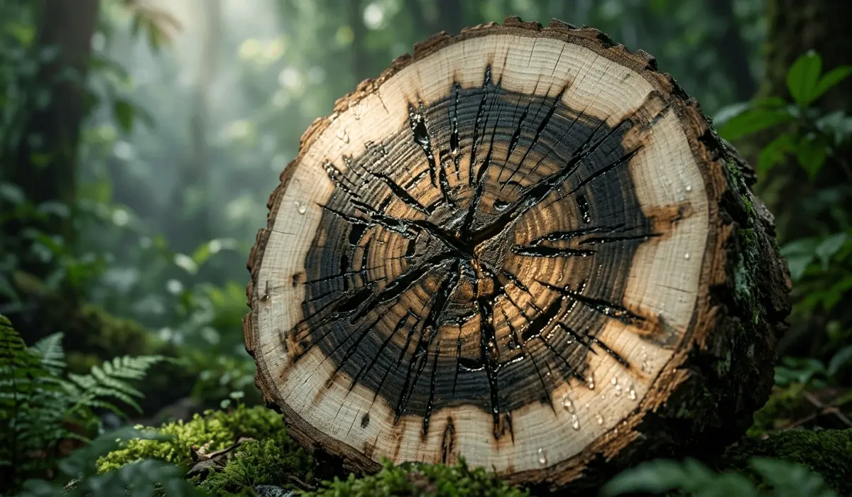 The Sacred Rarity of Eaglewood: Understanding the โDiamond of the Forestโ - Buddha Bodhis Detailed cross-section of an Aquilaria tree showing the dark resinous heartwood formation of Eaglewood.