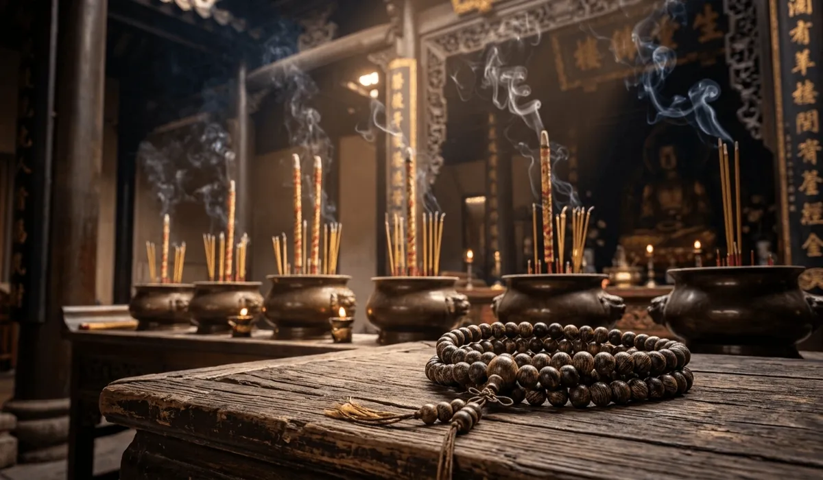 The Sacred Rarity of Eaglewood: Understanding the โDiamond of the Forestโ 1 - Buddha Bodhis Sacred Eaglewood prayer beads and incense smoke in a Buddhist temple setting.