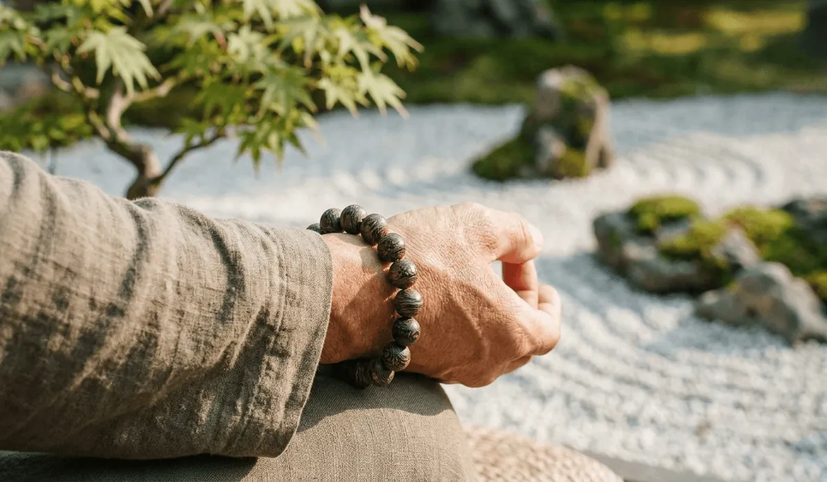 The Sacred Rarity of Eaglewood: Understanding the โDiamond of the Forestโ 2 - Buddha Bodhis Close-up of a person wearing an Eaglewood bead bracelet for mindfulness and grounding.