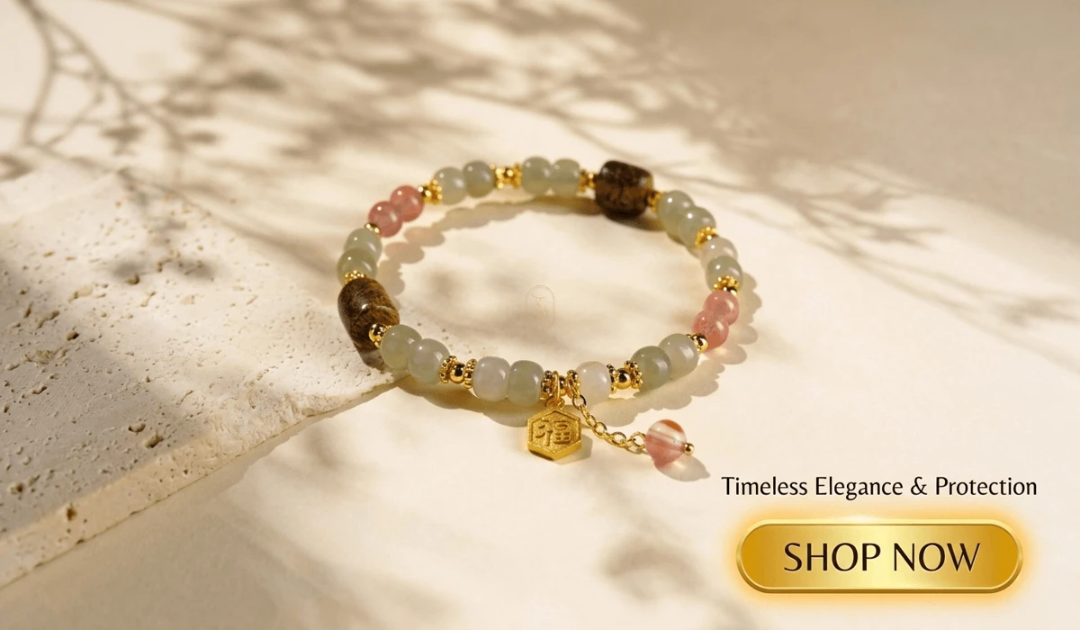 The Sacred Rarity of Eaglewood: Understanding the โDiamond of the Forestโ 3 - Buddha Bodhis Handcrafted Hetian Jade and Eaglewood amulet bracelet on zen background with Shop Now button.