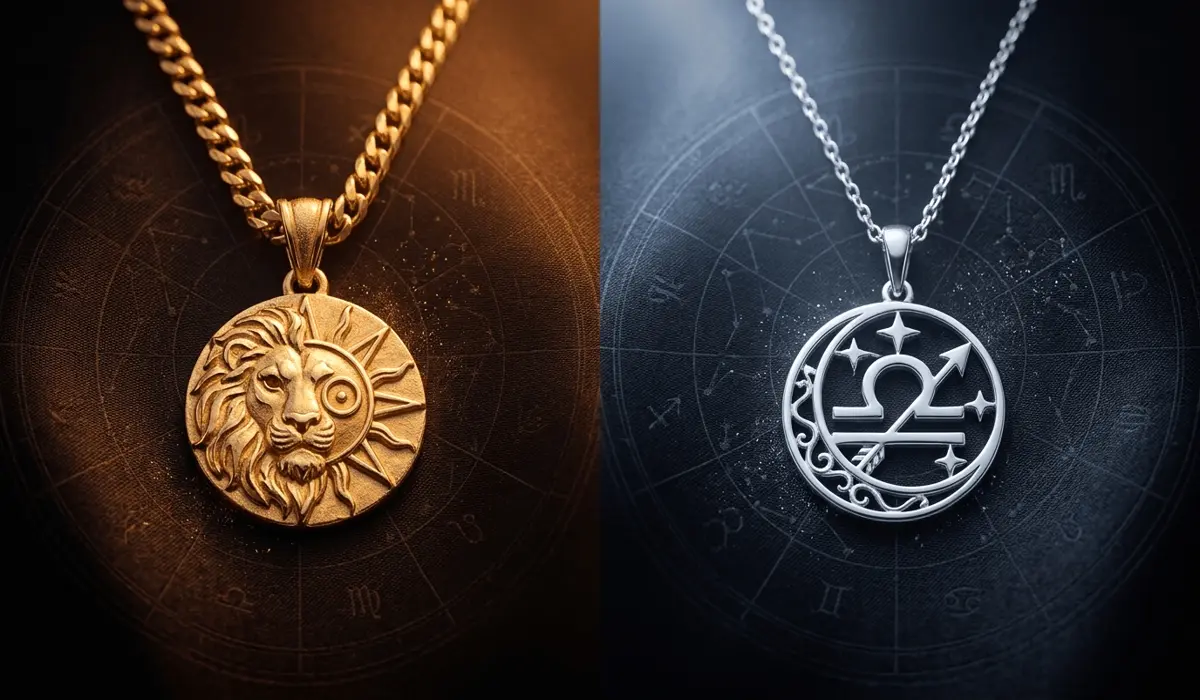 How to Choose Zodiac Jewelry: Should You Wear Your Sun or Rising Sign? - Buddha Bodhis A comparison between gold Sun sign jewelry and silver Rising sign jewelry representing the internal self vs external persona.