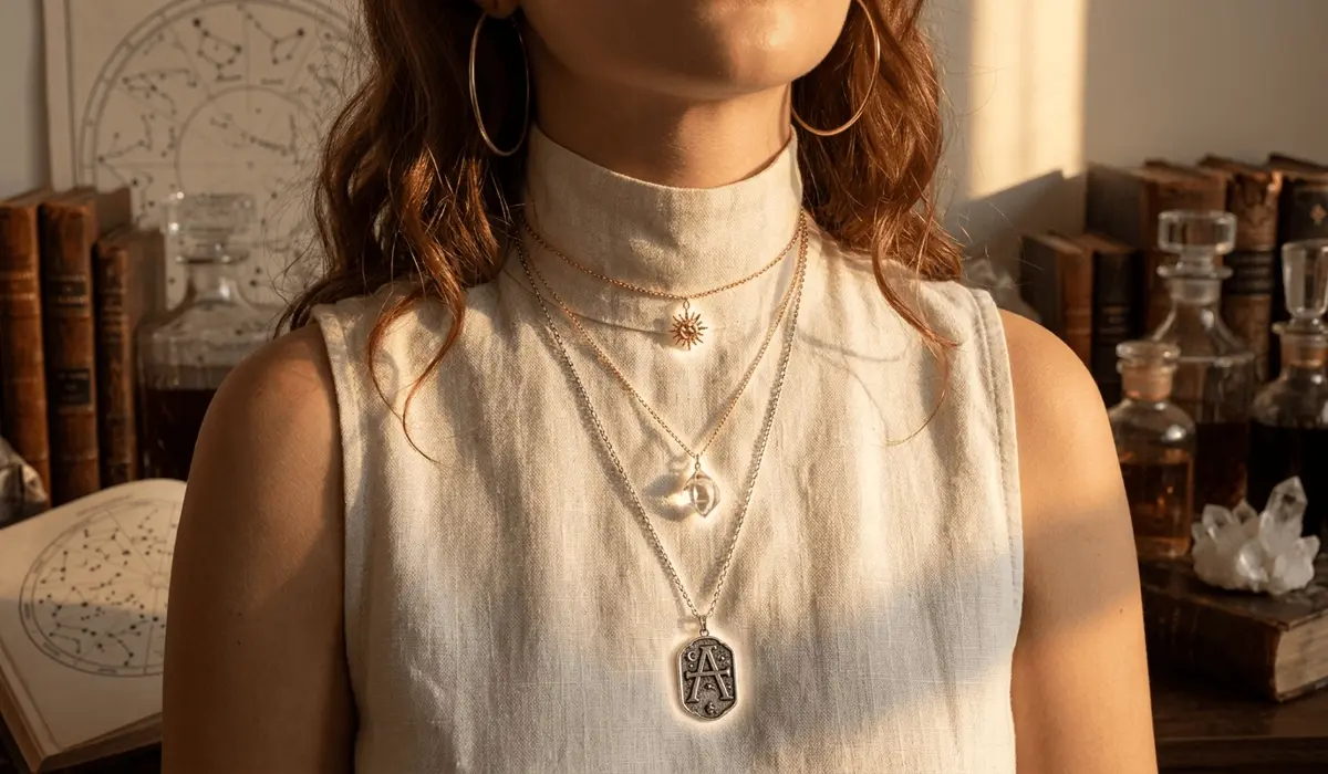 How to Choose Zodiac Jewelry: Should You Wear Your Sun or Rising Sign? 1 - Buddha Bodhis Close-up of a woman wearing layered zodiac necklaces including Sun and Rising sign symbols for astrological alignment.