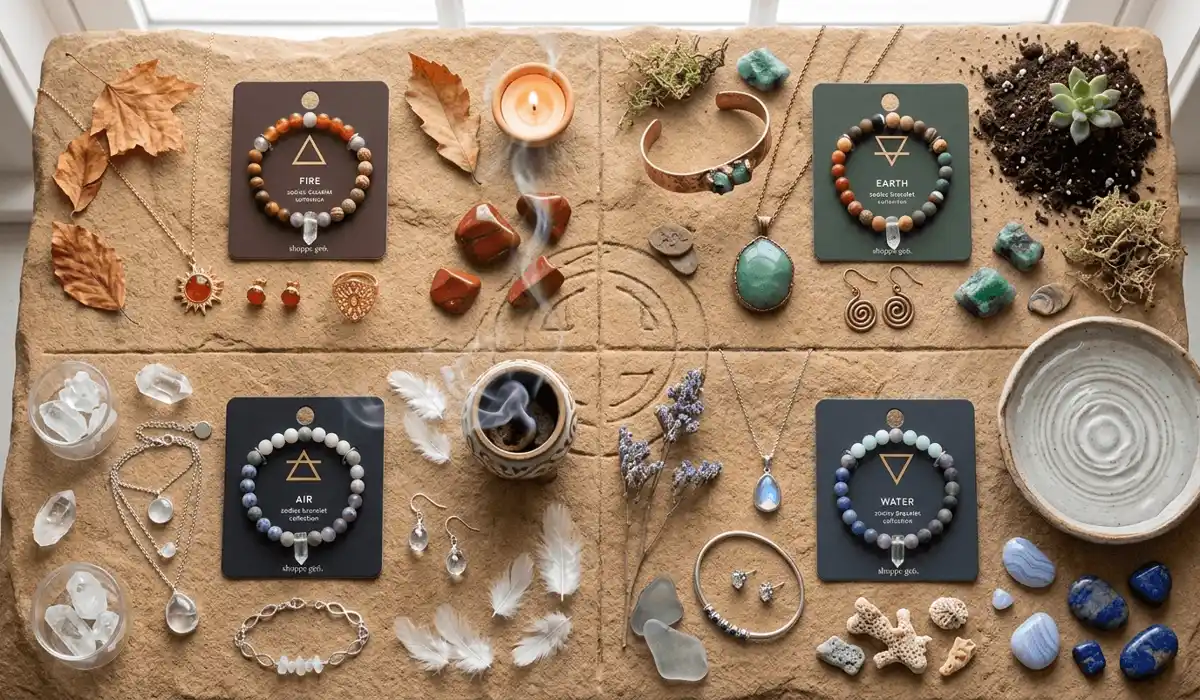 How to Choose Zodiac Jewelry: Should You Wear Your Sun or Rising Sign? 3 - Buddha Bodhis Zodiac jewelry collection organized by Fire, Earth, Air, and Water elements with corresponding gemstones and metals.