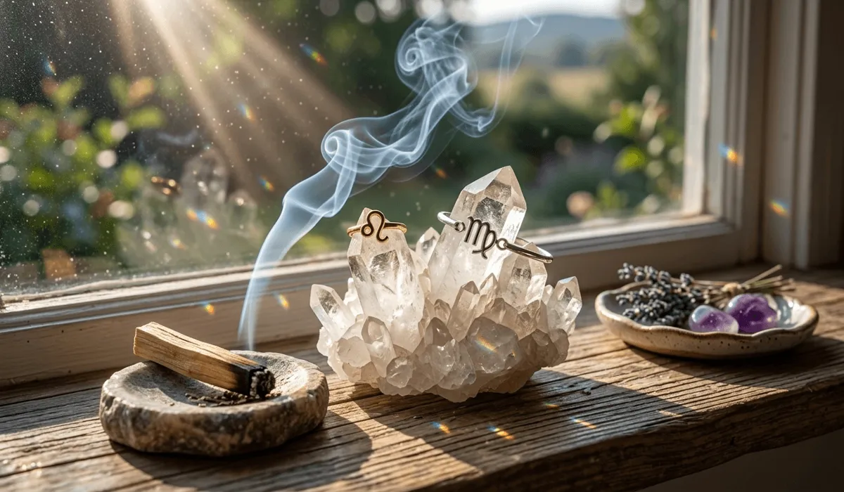 How to Choose Zodiac Jewelry: Should You Wear Your Sun or Rising Sign? 6 - Buddha Bodhis Sun and Rising sign jewelry being cleansed and charged on a quartz crystal cluster with sacred smoke.