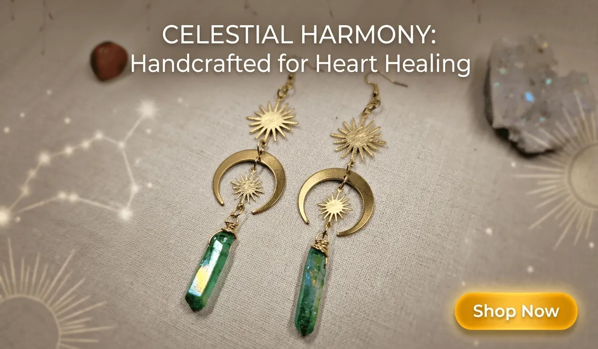 How to Choose Zodiac Jewelry: Should You Wear Your Sun or Rising Sign? 2 - Buddha Bodhis Handcrafted celestial sun and moon gold earrings with green aura quartz points for heart healing, luxury mystical jewelry product photography for blog.
