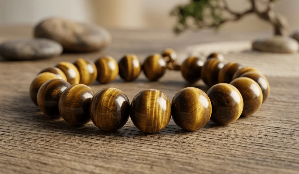Which Hand Should You Wear a Tiger Eye Bracelet On? (Left vs. Right Wrist Meaning) - Buddha Bodhis Close-up of a Tiger Eye bracelet showing the chatoyant golden-brown bands and silky luster of the metamorphic rock.