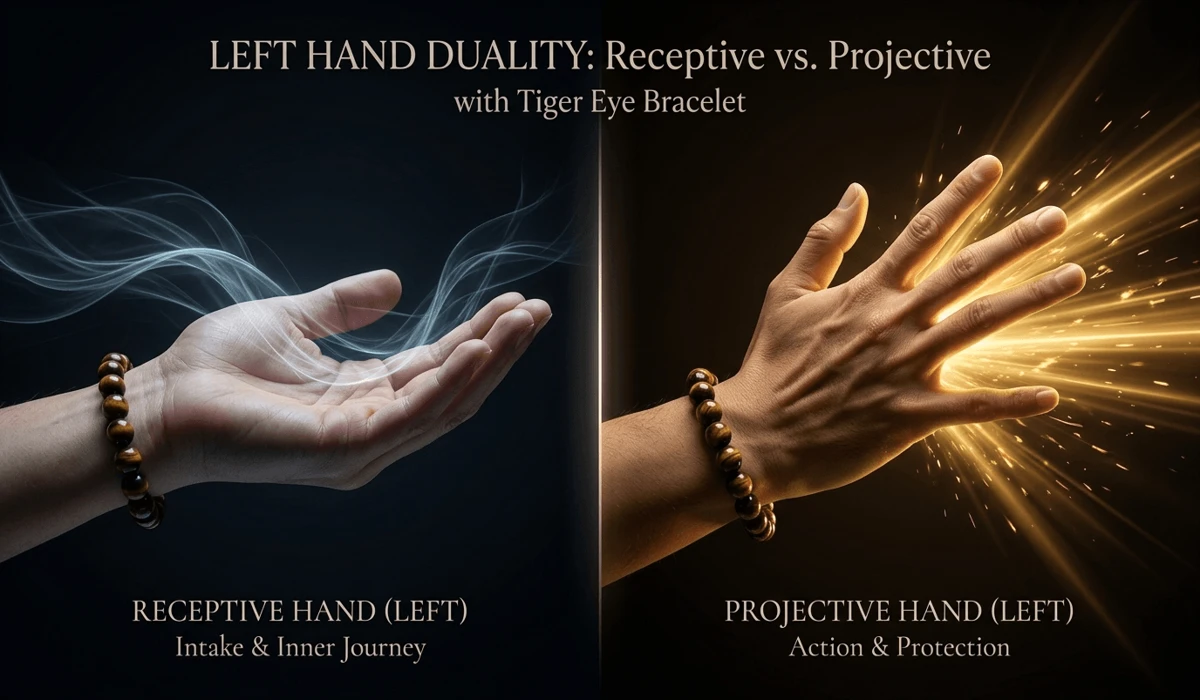 Which Hand Should You Wear a Tiger Eye Bracelet On? (Left vs. Right Wrist Meaning) 2 - Buddha Bodhis Visual guide showing the difference between wearing a Tiger Eye bracelet on the left receptive hand versus the right projective hand.