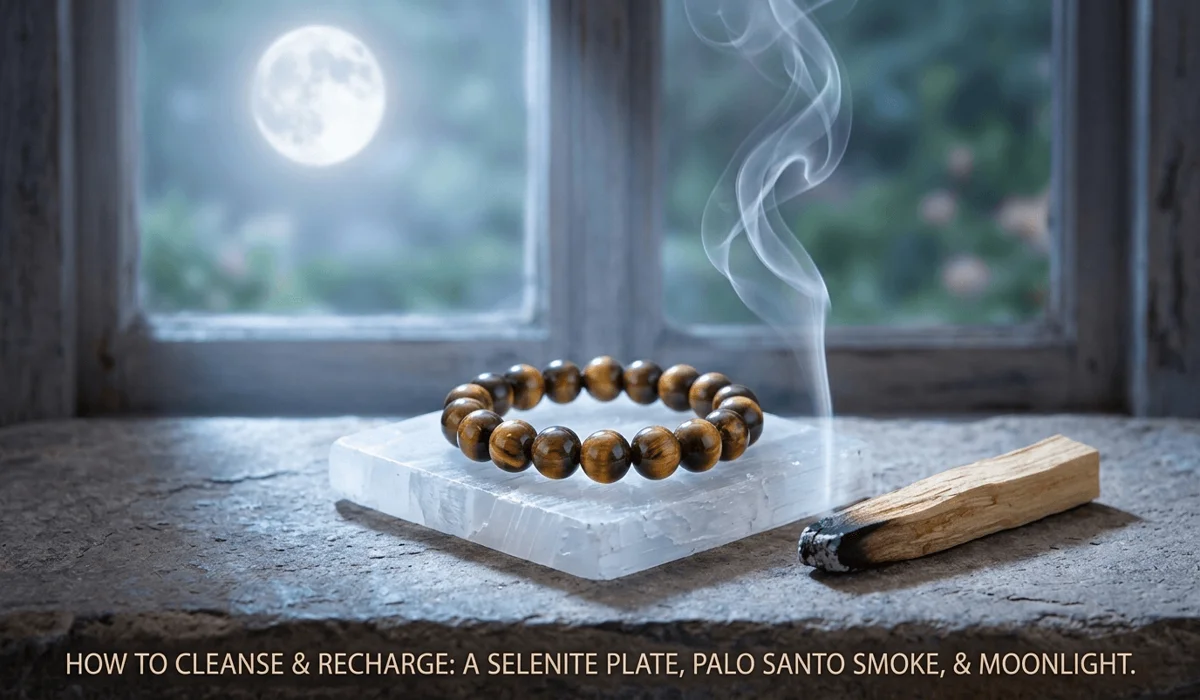 Which Hand Should You Wear a Tiger Eye Bracelet On? (Left vs. Right Wrist Meaning) 4 - Buddha Bodhis A Tiger Eye bracelet being cleansed with sage smoke and charged on a Selenite plate under moonlight.