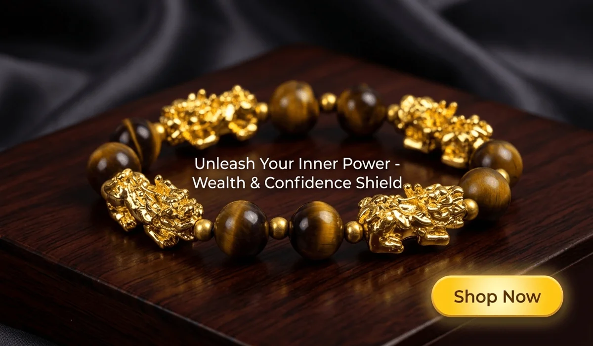 Which Hand Should You Wear a Tiger Eye Bracelet On? (Left vs. Right Wrist Meaning) 3 - Buddha Bodhis Natural 10mm Tiger Eye Quad-Pixiu Bracelet for wealth and protection, luxury feng shui jewelry with golden Pixiu charms on a Zen background.