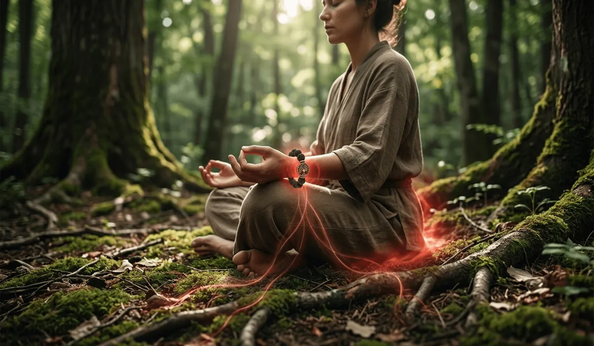 Which Hand Should You Wear a Lava Stone Bracelet On? Understanding the Meaning of Left vs. Right 1 - Buddha Bodhis Spiritual illustration of a lava stone bracelet connecting to the Root Chakra for grounding and stability.