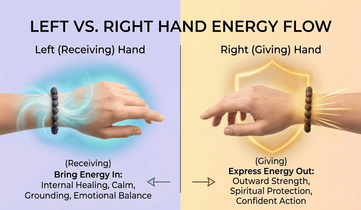 Which Hand Should You Wear a Lava Stone Bracelet On? Understanding the Meaning of Left vs. Right 3 - Buddha Bodhis Visual guide showing the difference between wearing a lava stone bracelet on the left receptive hand and the right projective hand.