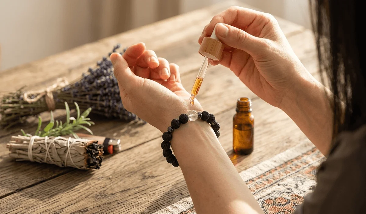 Which Hand Should You Wear a Lava Stone Bracelet On? Understanding the Meaning of Left vs. Right 2 - Buddha Bodhis A person applying essential oil to a lava stone bracelet for aromatherapy and spiritual cleansing.