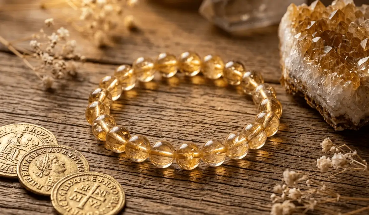 Which Hand Should You Wear a Citrine Bracelet on to Attract Wealth? - Buddha Bodhis A luxury Citrine bead bracelet styled with raw citrine crystals and gold coins to represent the Merchant's Stone and wealth attraction.