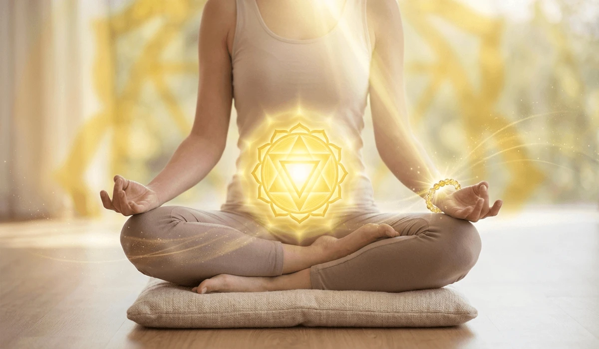 Which Hand Should You Wear a Citrine Bracelet on to Attract Wealth? 1 - Buddha Bodhis Spiritual illustration of Citrine bracelet activating the Solar Plexus Chakra with golden sun energy for confidence and manifestation.