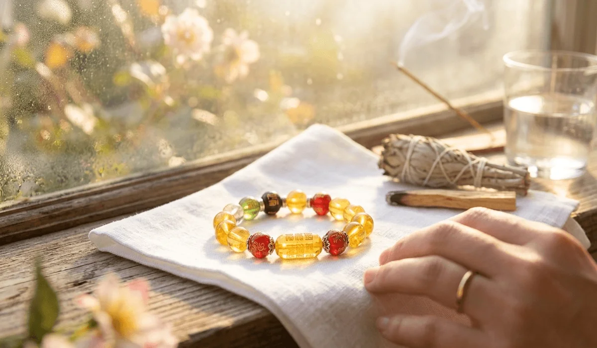 Which Hand Should You Wear a Citrine Bracelet on to Attract Wealth? 4 - Buddha Bodhis Citrine bracelet charging in natural morning sunlight on a windowsill for cleansing and energy activation.