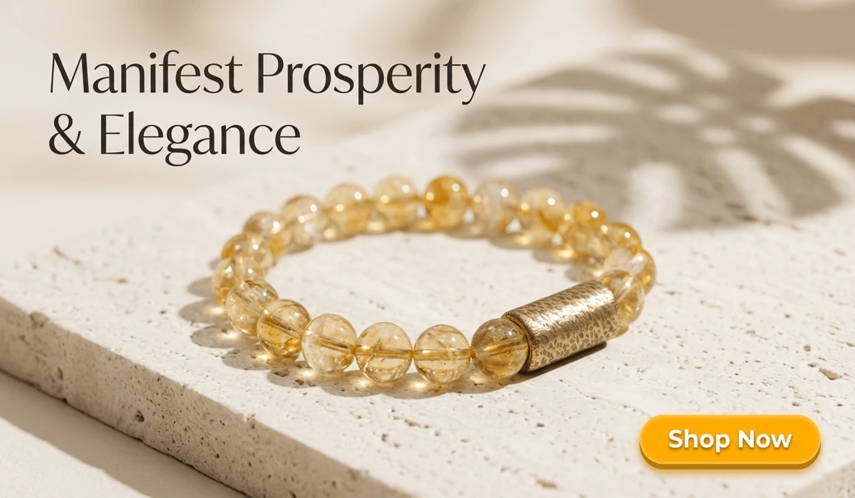 Which Hand Should You Wear a Citrine Bracelet on to Attract Wealth? 2 - Buddha Bodhis Citrine & Textured Brass Bracelet for prosperity and minimalist chic, premium e-commerce product shot with Shop Now button for jewelry blog