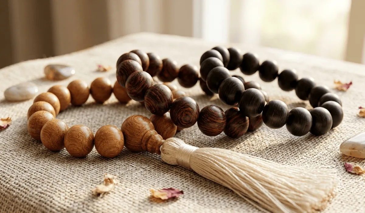Which Hand Should You Wear a Wood Mala Bracelet On for Peace and Energy? - Buddha Bodhis A close-up of different types of wooden mala bracelets showing natural textures of Sandalwood and Rosewood beads.