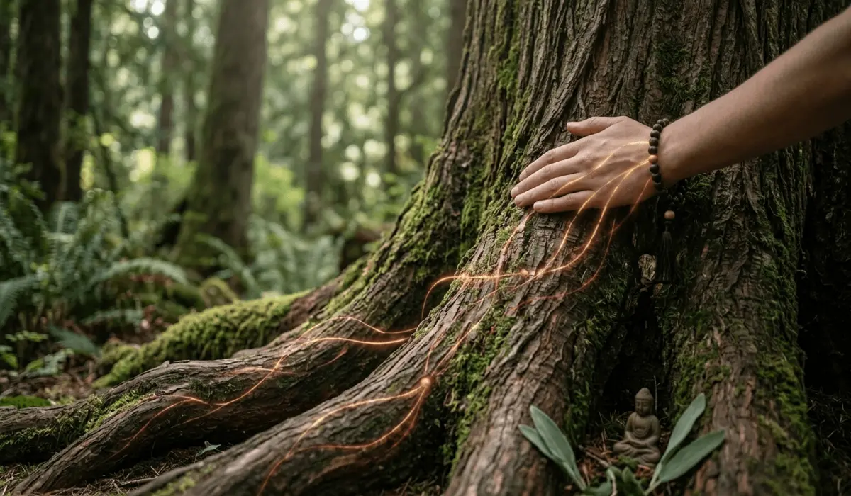 Which Hand Should You Wear a Wood Mala Bracelet On for Peace and Energy? 1 - Buddha Bodhis Spiritual illustration of a wood mala bracelet connecting a wearer to nature and grounding energy.