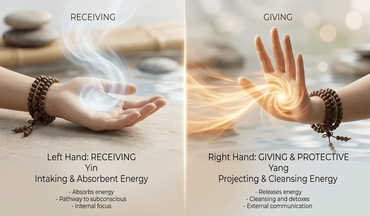Which Hand Should You Wear a Wood Mala Bracelet On for Peace and Energy? 3 - Buddha Bodhis Visual guide showing the left hand as the receiving hand for peace and the right hand as the giving hand for protection with a wood mala.