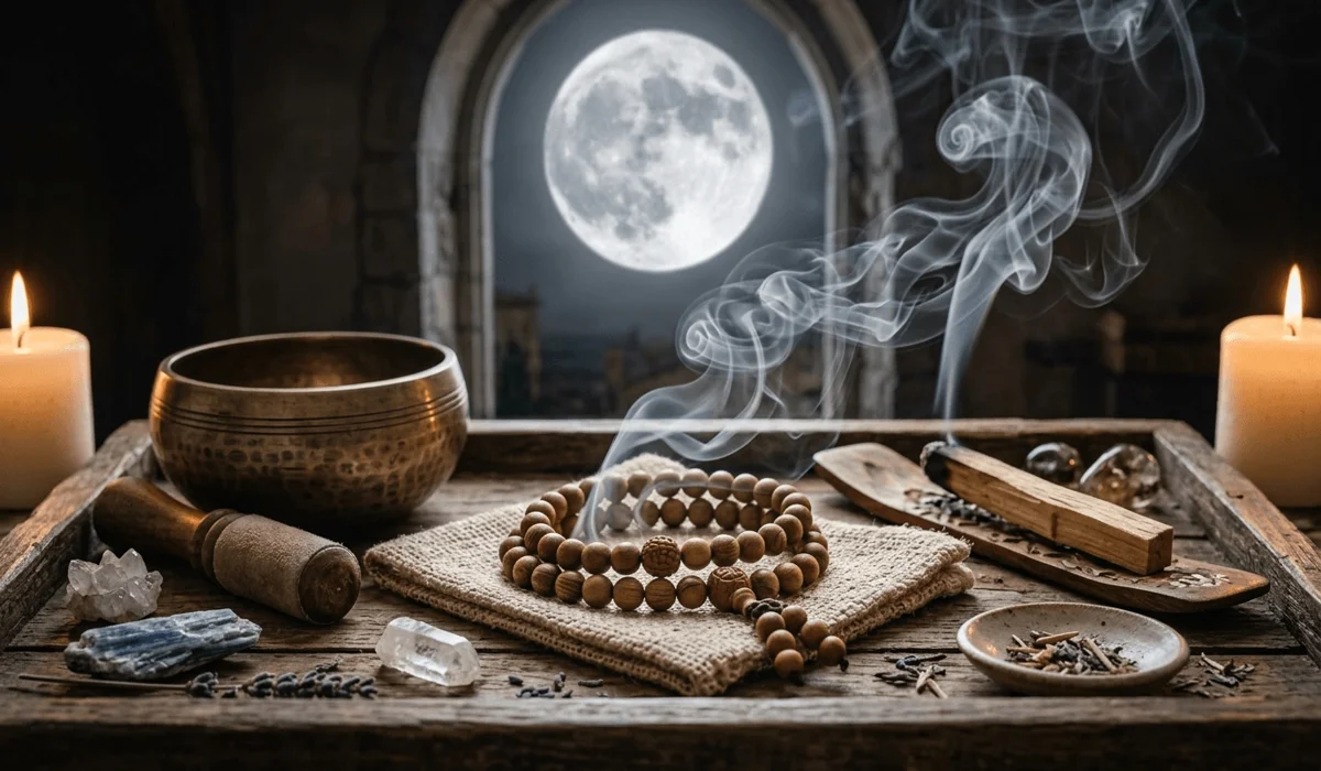 Which Hand Should You Wear a Wood Mala Bracelet On for Peace and Energy? 4 - Buddha Bodhis A wood mala bracelet being cleansed with Palo Santo smoke and moonlight on a spiritual altar.
