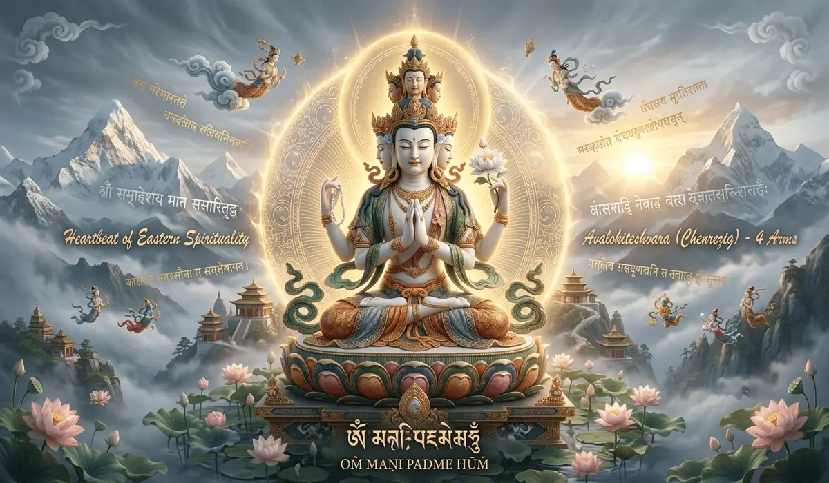 The Meaning and Spiritual Symbolism of โThe Jewel in the Lotusโ - Buddha Bodhis Ethereal depiction of Avalokiteshvara Chenrezig in the Himalayas representing the origin of the Om Mani Padme Hum mantra.