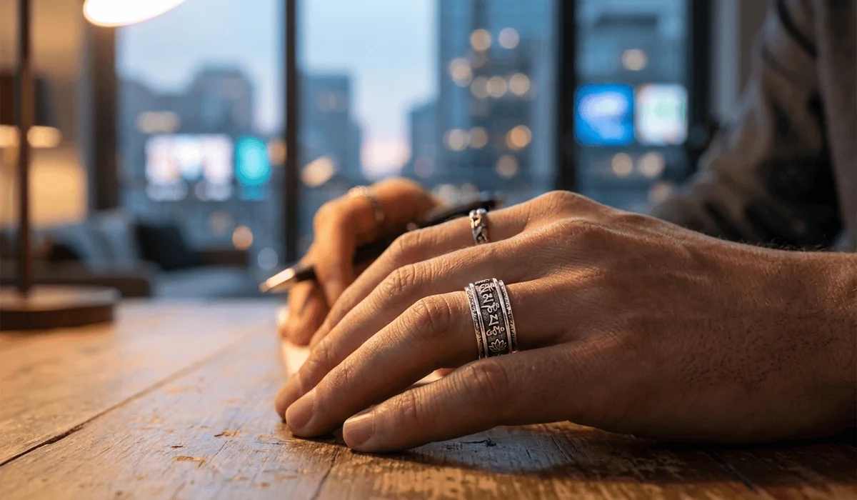 The Meaning and Spiritual Symbolism of โThe Jewel in the Lotusโ 3 - Buddha Bodhis Modern person wearing an Om Mani Padme Hum silver ring as a spiritual amulet for mindfulness and protection against digital burnout.