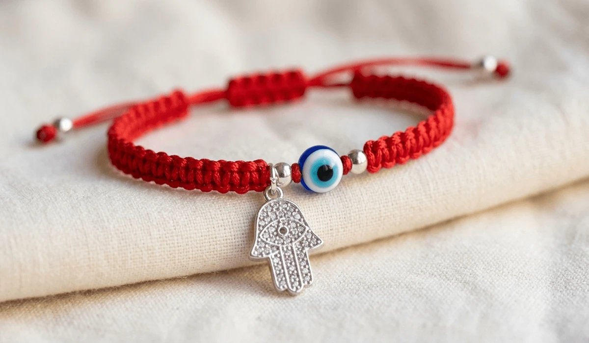 The Spiritual Meaning and Symbolism of a Baby’s Bracelet Breaking - Buddha Bodhis A close-up of a traditional red string baby bracelet with an Evil Eye bead and Hamsa charm on white fabric, symbolizing spiritual protection.