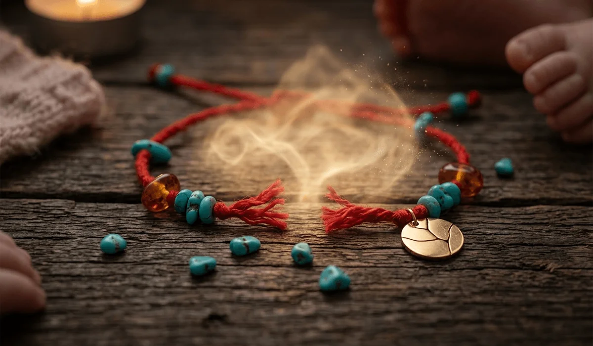 The Spiritual Meaning and Symbolism of a Baby’s Bracelet Breaking 1 - Buddha Bodhis An artistic representation of a broken baby bracelet with a golden glow, symbolizing the absorption of negative energy and spiritual shielding.