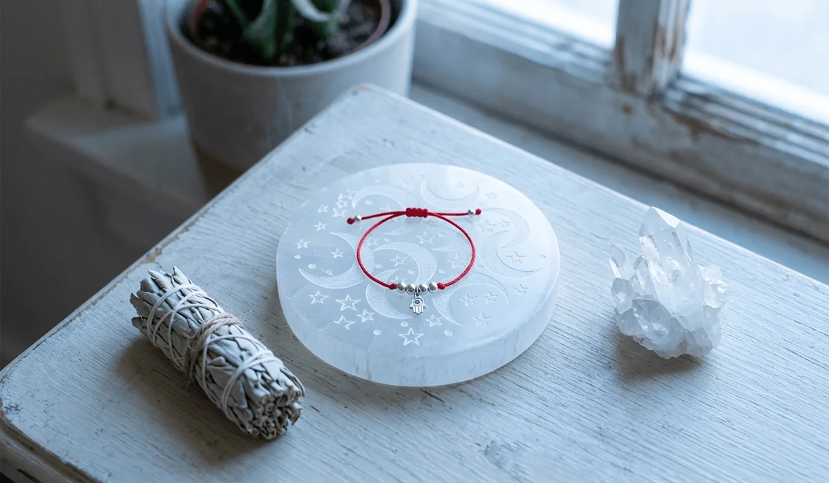 The Spiritual Meaning and Symbolism of a Baby’s Bracelet Breaking 4 - Buddha Bodhis A baby's protective bracelet being cleansed on a Selenite plate under moonlight, representing spiritual maintenance and energy recharging.