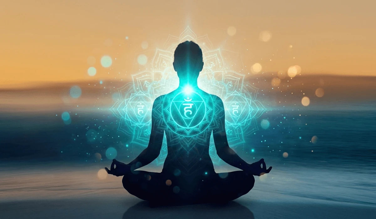 How to Use Turquoise for Throat Chakra Healing and Clear Communication 1 - Buddha Bodhis A meditation visualization showing a glowing turquoise throat chakra (Vishuddha) symbolizing spiritual alignment and clear expression.