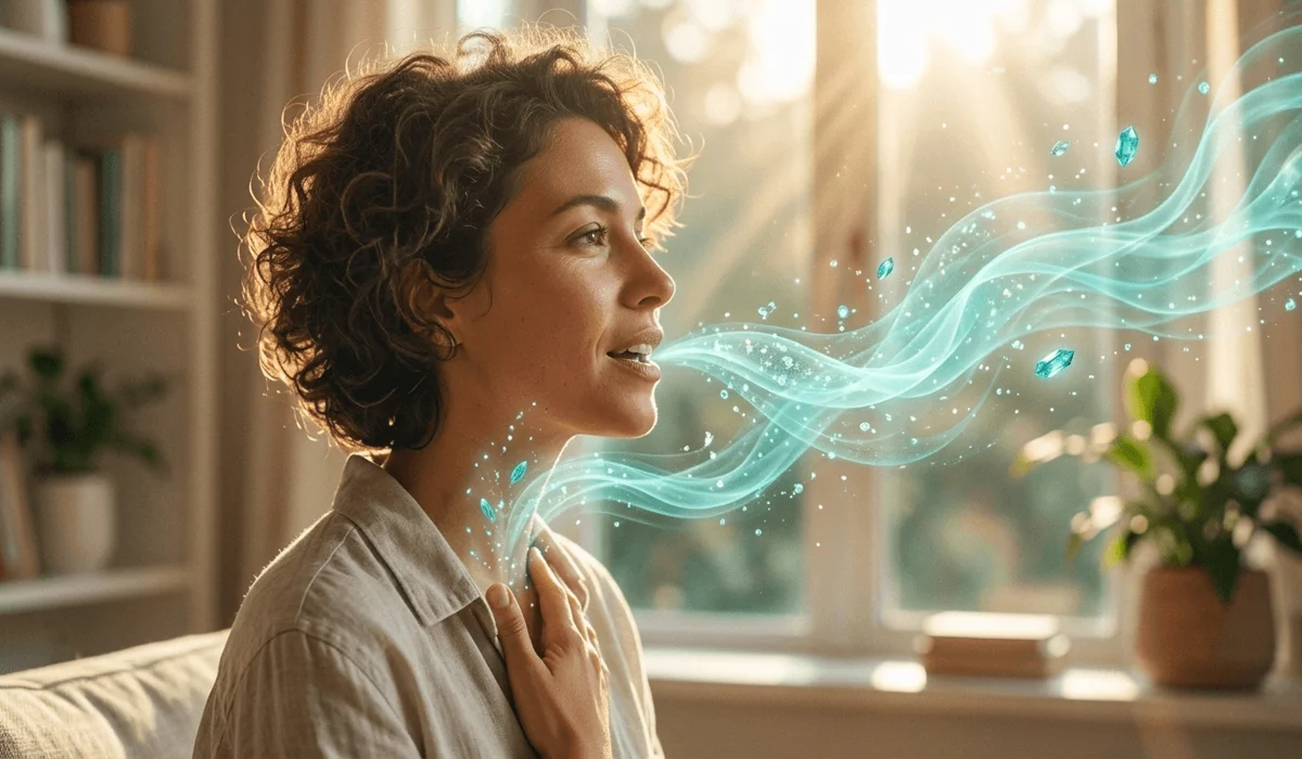 How to Use Turquoise for Throat Chakra Healing and Clear Communication 2 - Buddha Bodhis Visual concept of turquoise as a voice empowerment stone, showing clear and confident communication through blue energy waves.