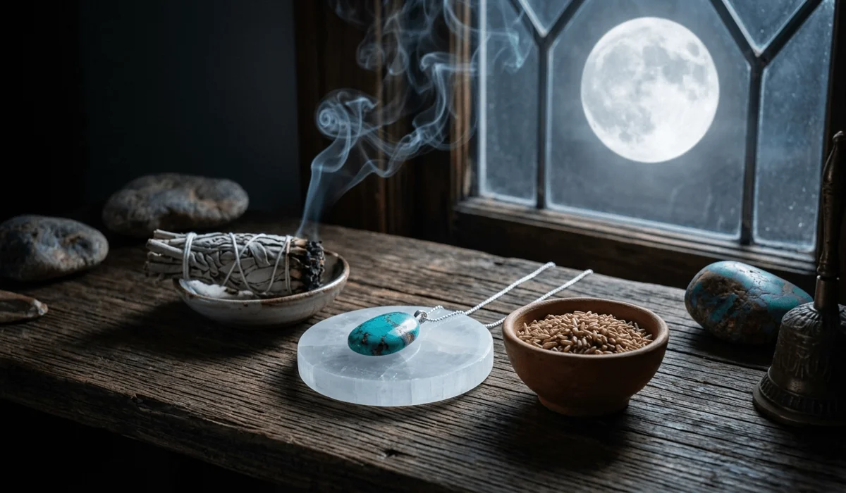 How to Use Turquoise for Throat Chakra Healing and Clear Communication 5 - Buddha Bodhis Turquoise jewelry being cleansed with sage smoke and charged under moonlight for spiritual maintenance and chakra support.