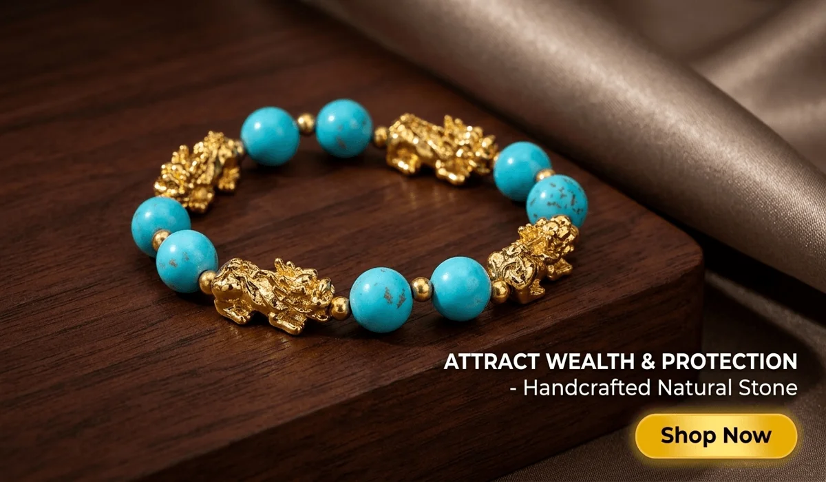 How to Use Turquoise for Throat Chakra Healing and Clear Communication 6 - Buddha Bodhis Natural 10mm Turquoise Pixiu Bracelet for Wealth and Protection, featuring four gold Pixiu charms on a luxury lifestyle background with a Shop Now button.