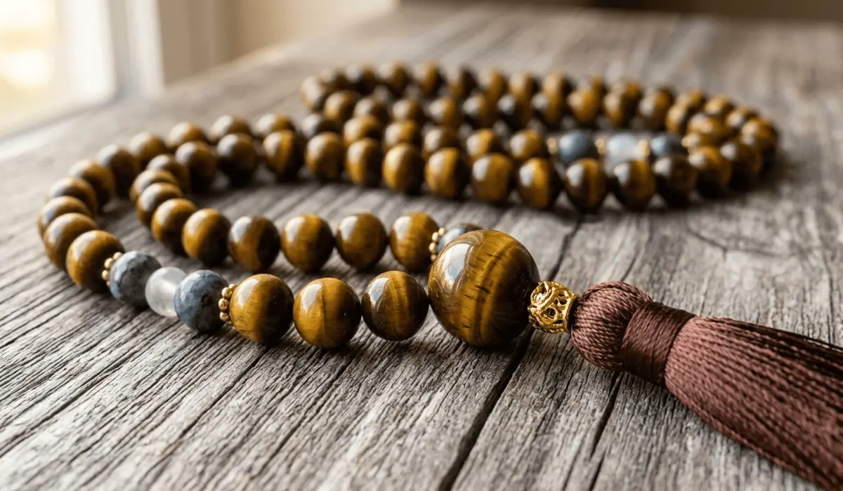 Tiger Eye Mala Beads: Meaning, Benefits, and Spiritual Significance - Buddha Bodhis Close-up of Tiger Eye mala beads showing the chatoyancy effect and 108 meditation beads with a silk tassel.