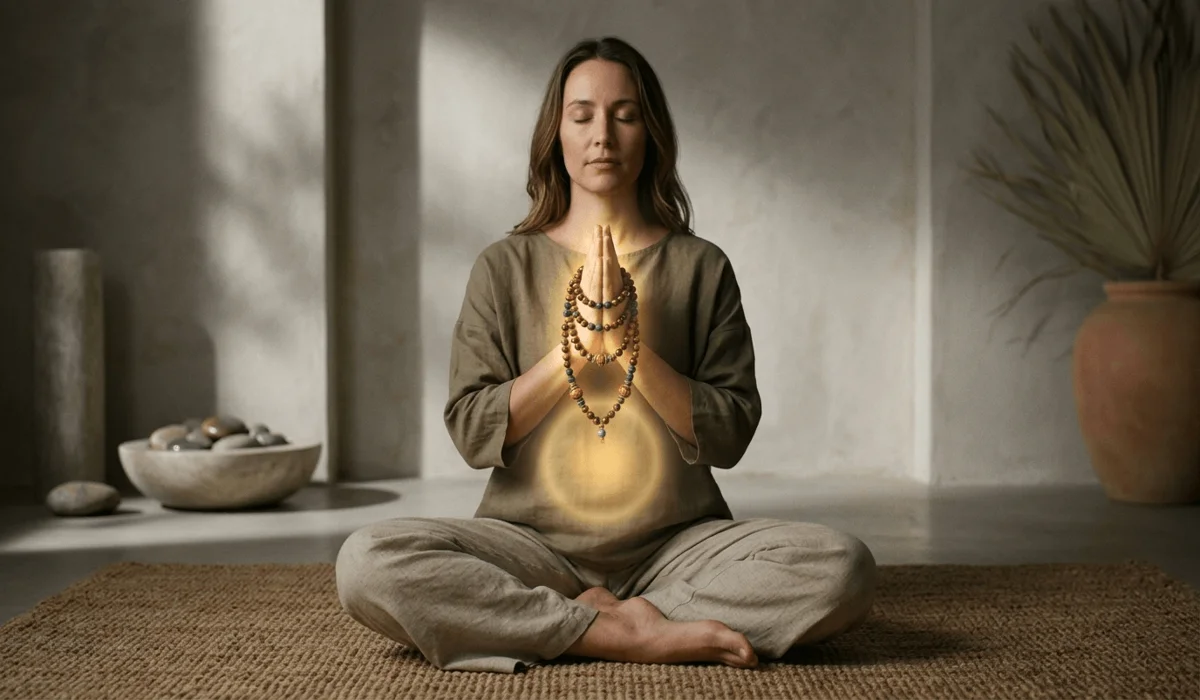 Tiger Eye Mala Beads: Meaning, Benefits, and Spiritual Significance 2 - Buddha Bodhis Meditation with Tiger Eye mala beads to balance the Solar Plexus Chakra and enhance personal power.